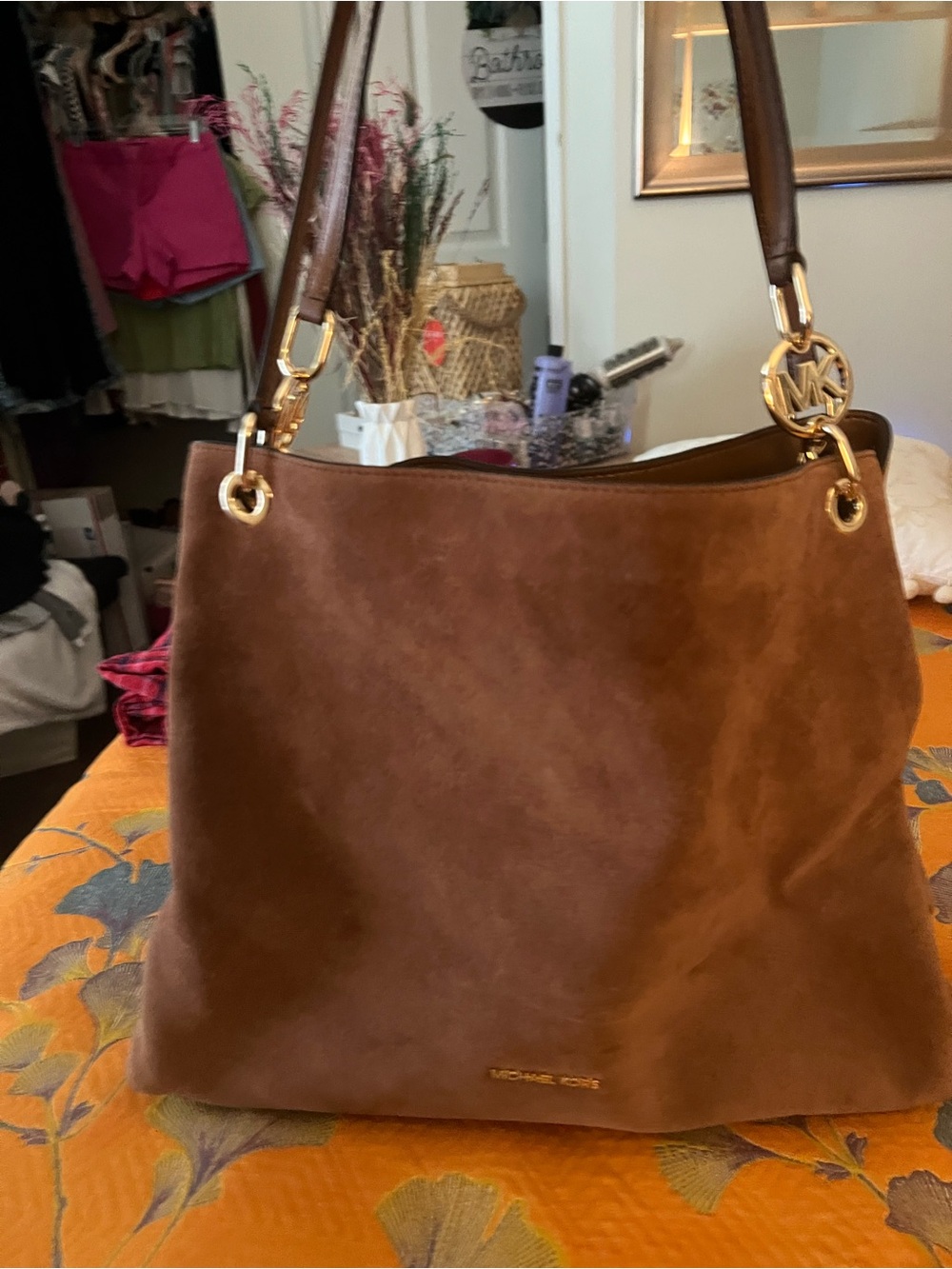 Michael Kors Brown Suede Shoulder Hobo with Gold Hardware